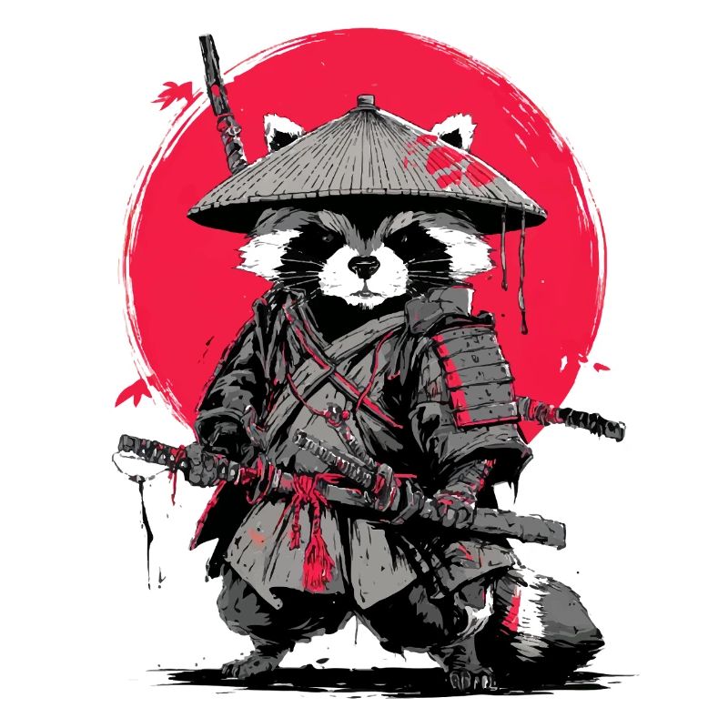 Waschbär-Samurai unter Crimson Moon