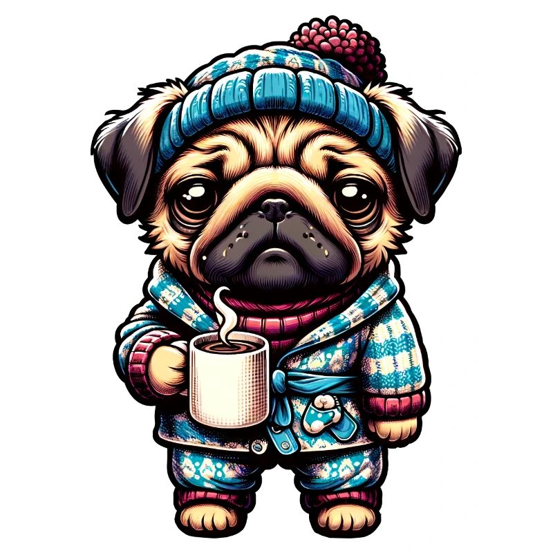 Mops in Pyjama und Schal mit einer Kaffeetasse