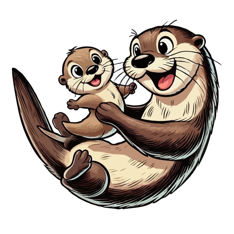 Fischotter-Mutter mit herumtollendem Kind