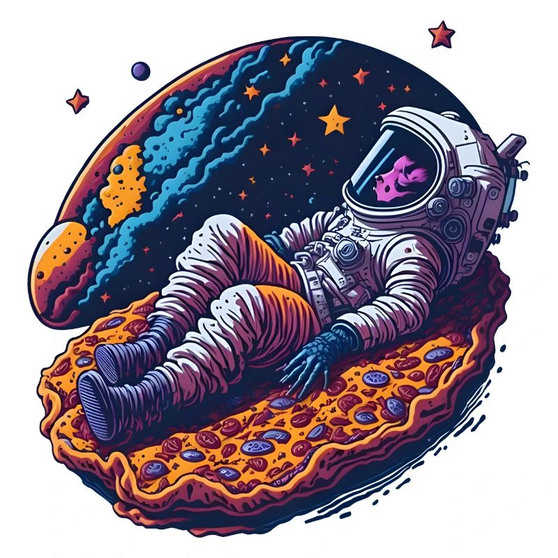 Astronaut chillt auf einer Pizza