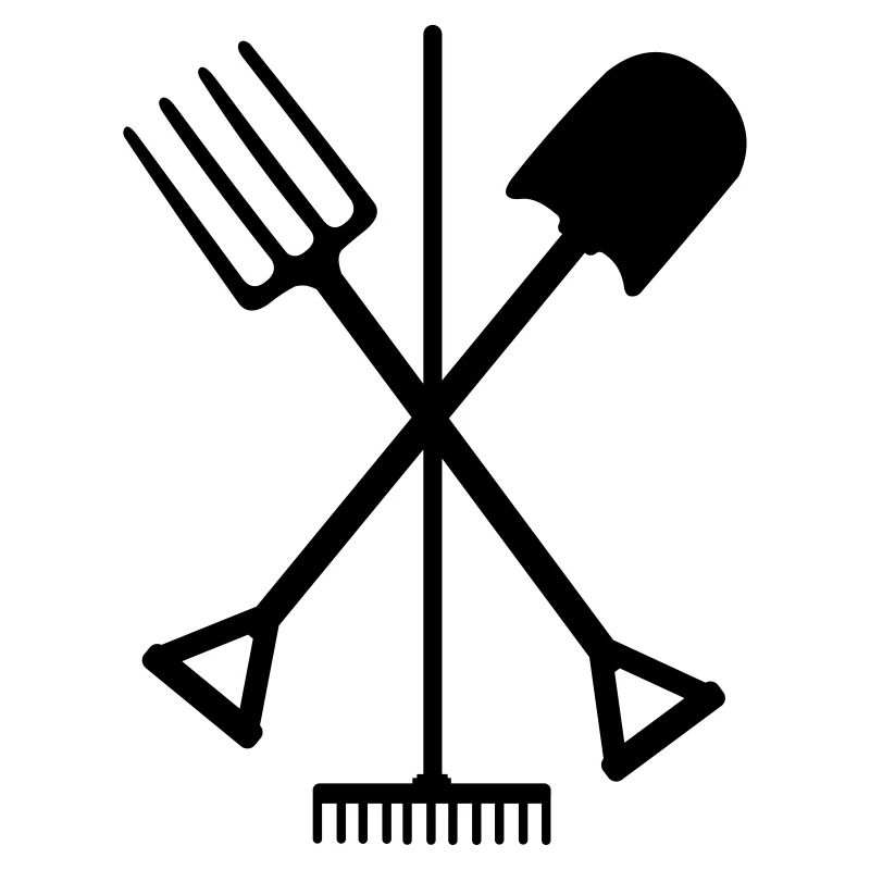 Garden tools shovel rake and pitchfork crossed