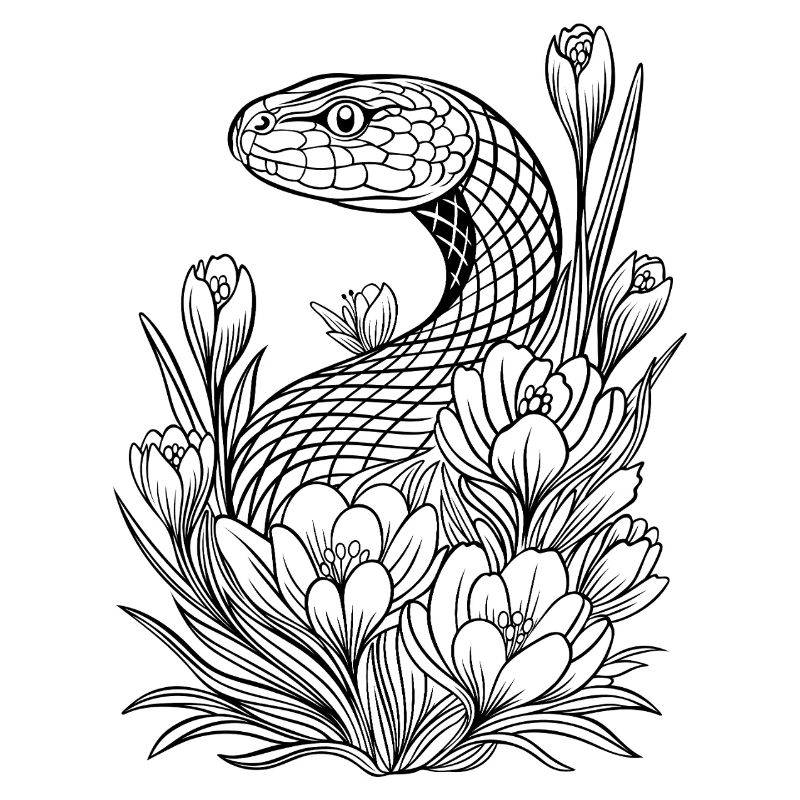 Serpent avec des crocus à colorier soi-même