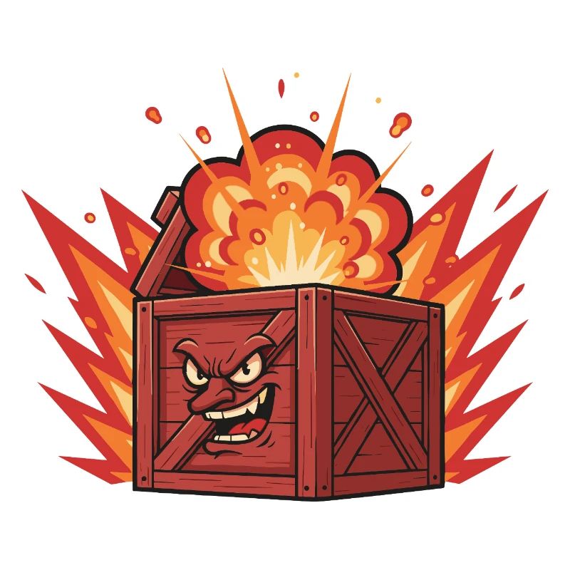 Exploding wooden box with a grim face