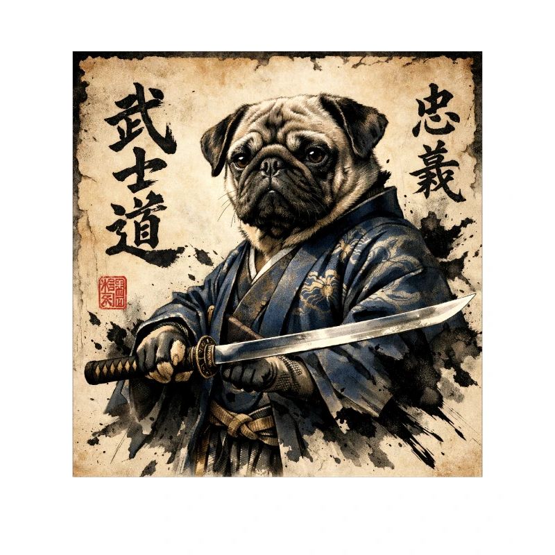 Samurai Pug Japanese Calligraphy Artwork