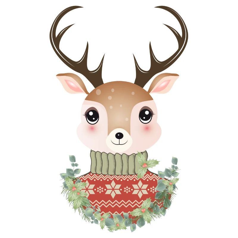 niedlicher Hirsch mit Pullover und Weihnachtskranz
