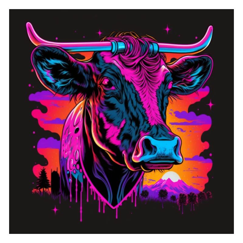 Vache aux couleurs néon, synthwave / 80s