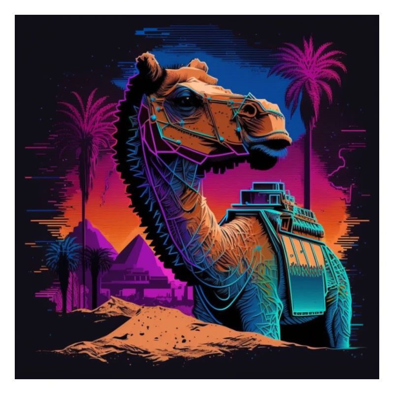 Kamel mit Neonfarben, Synthwave / 80er Jahre