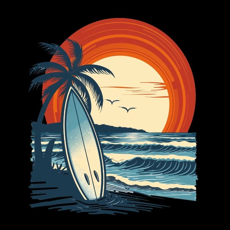 Planche de surf sur la plage au coucher du soleil