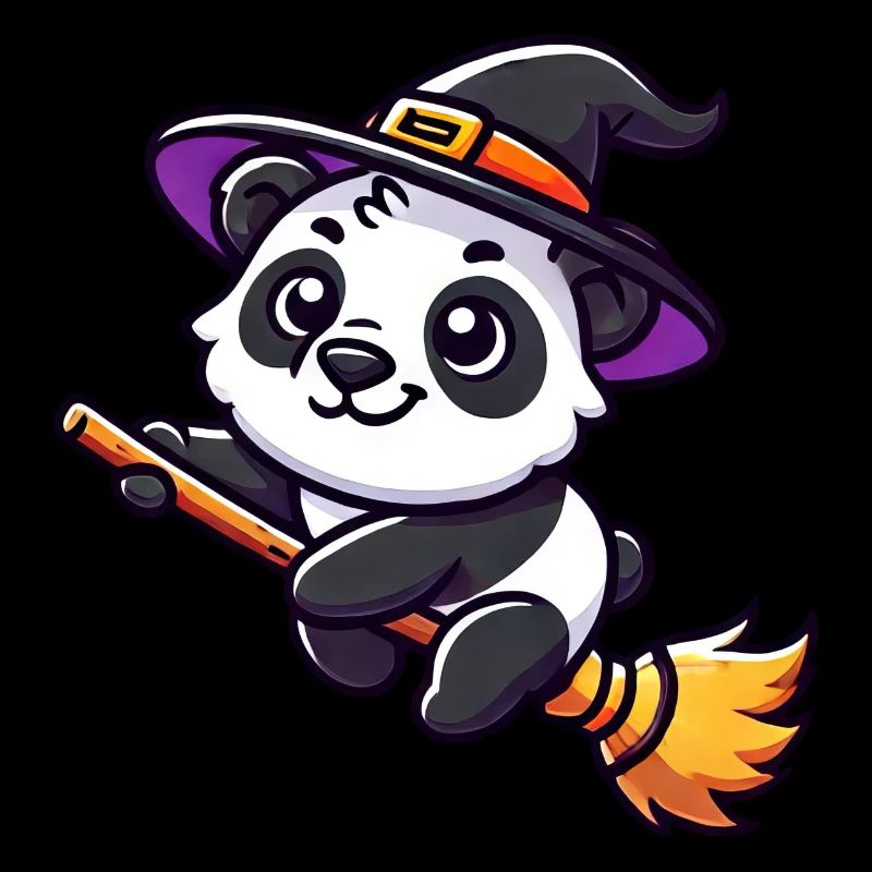 Halloween Panda Witch Broom Cute Comic