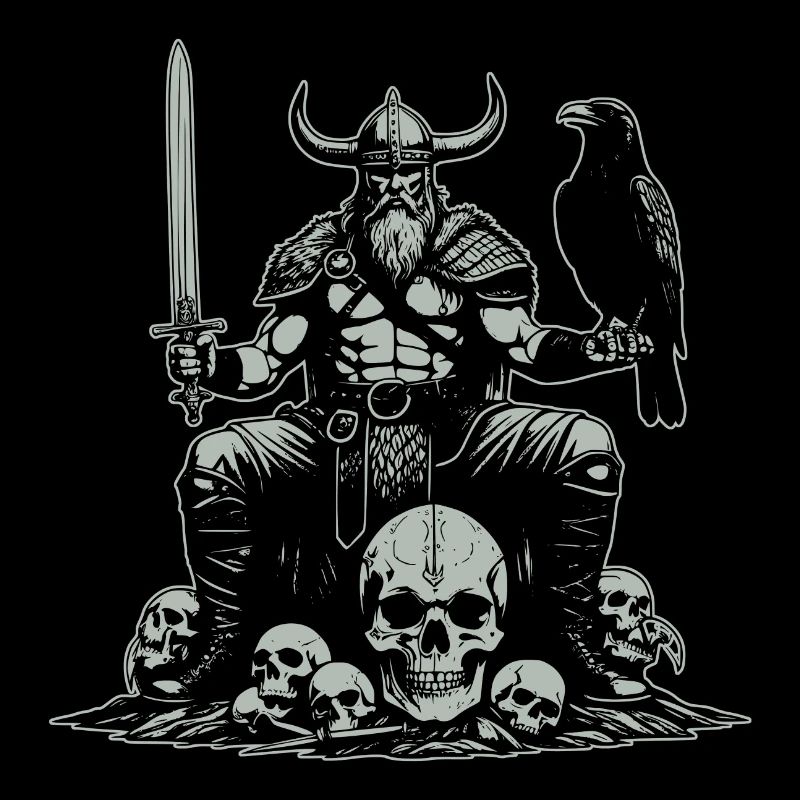 Viking avec épée et corbeau sur le crâne