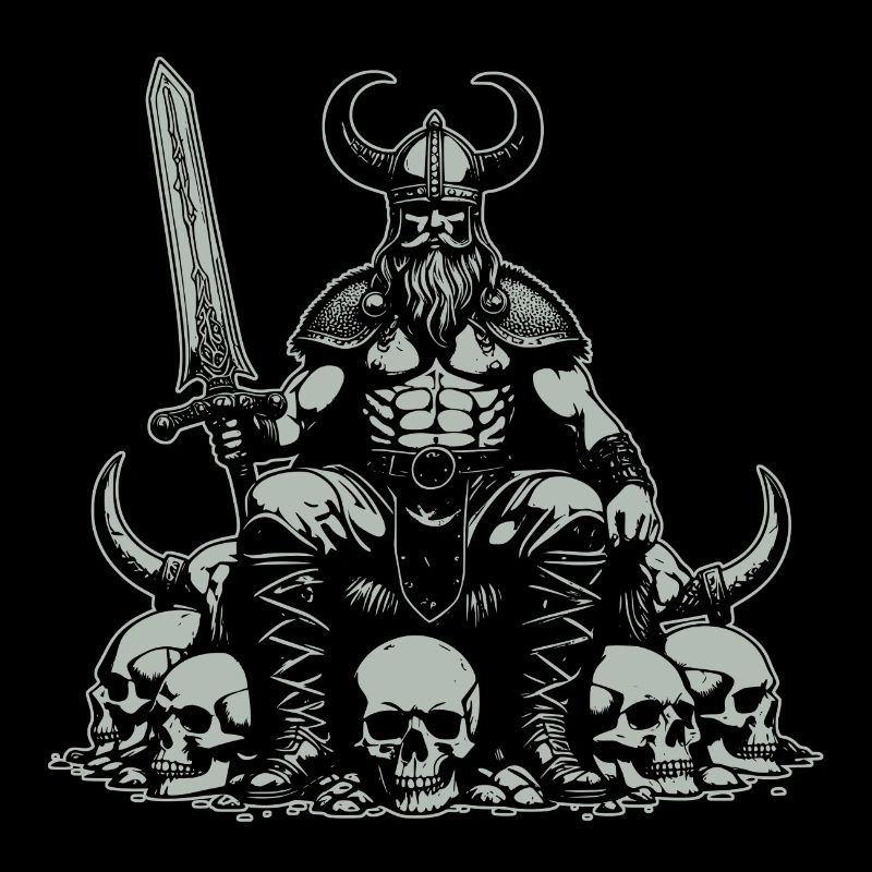 Vikings avec des épées et de nombreux crânes