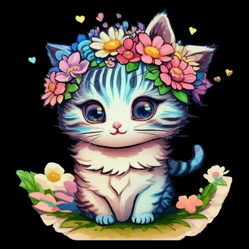 Chaton avec couronne de fleurs