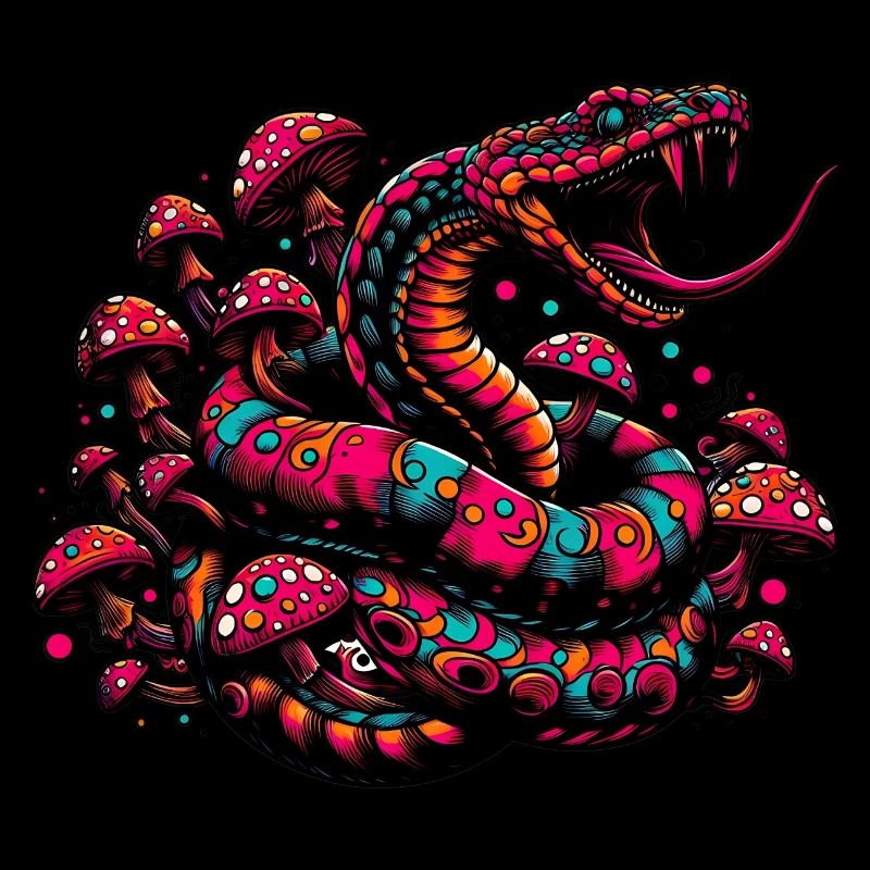 Psychedelic snake with mushrooms