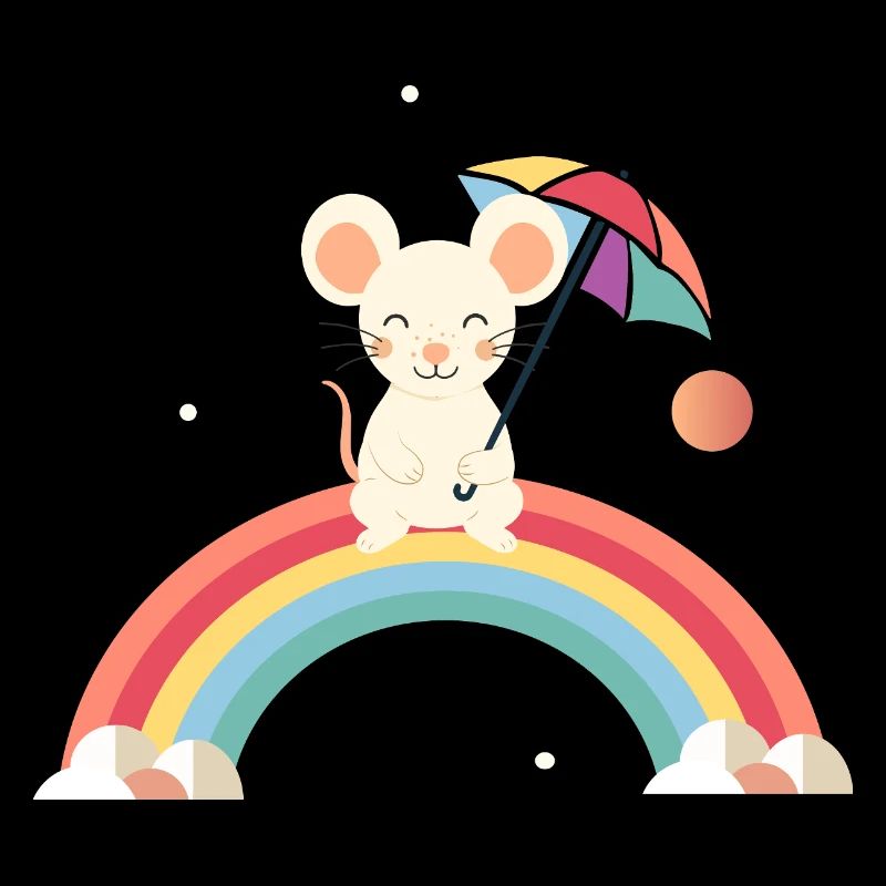 Fröhliche Maus mit Schirm auf Regenbogen