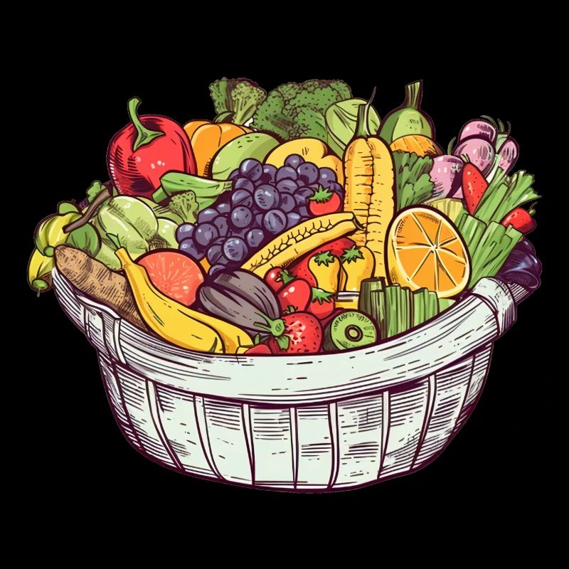 A basket filled with vegetables and fruit, transparent