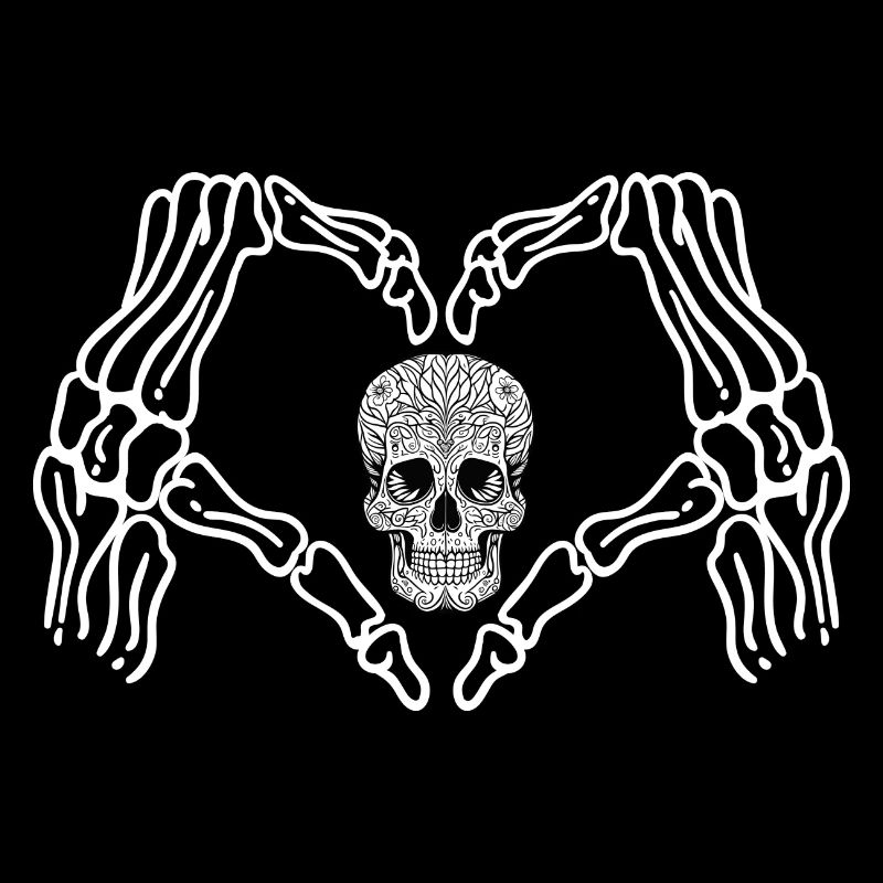 Die Hände eines Skeletts mit dem Totenschädel