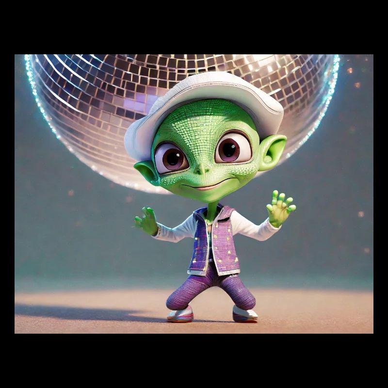 alien is dancing at a party under a disco ball