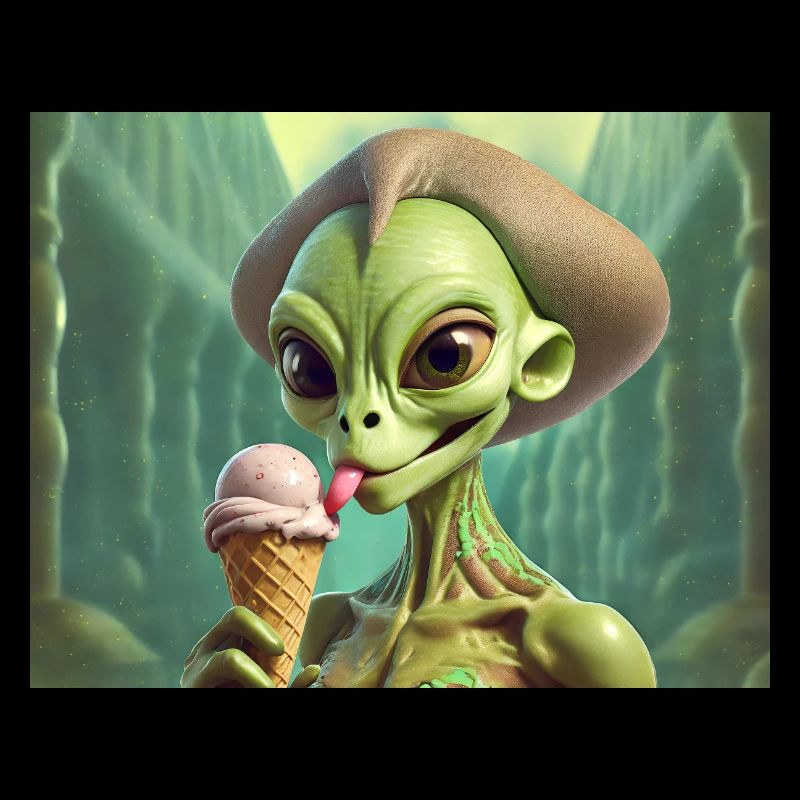 grey alien on the moon surface – eating ice cream