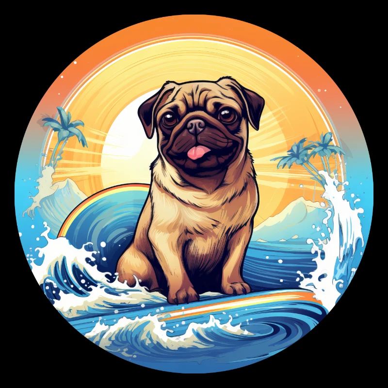 Surfing Pug Dog at sunset