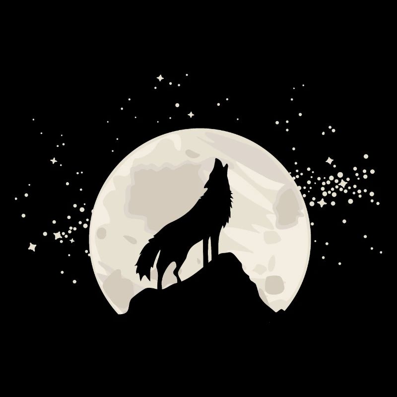 Heulender Wolf vor Mond mit Sternen