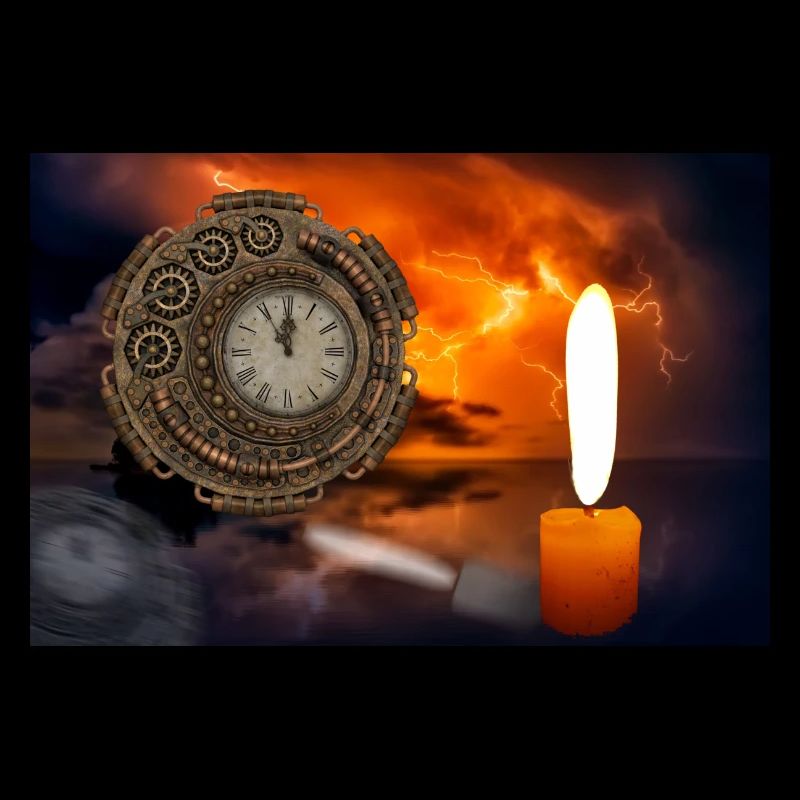 A clock illuminated by candles.
