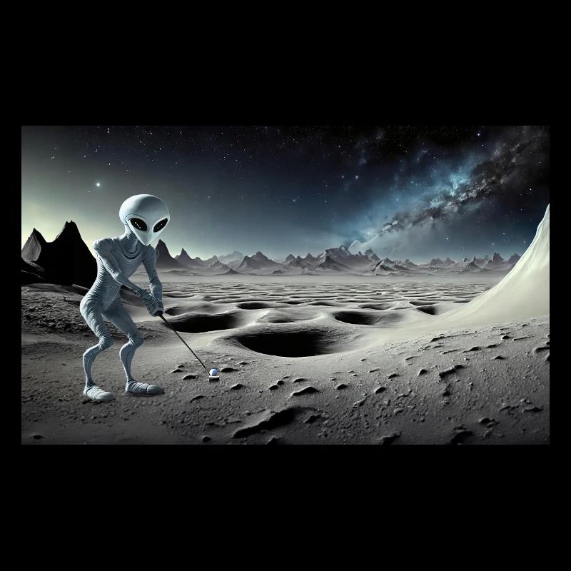 grey alien on the moon surface – playing golf