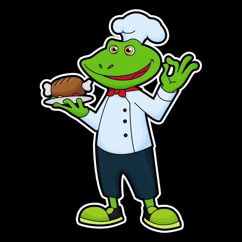 Frosch als Koch mit Servierteller & Hähnchen