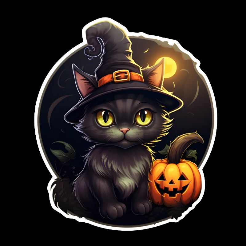 Halloween black cat with witch hat and pumpkin