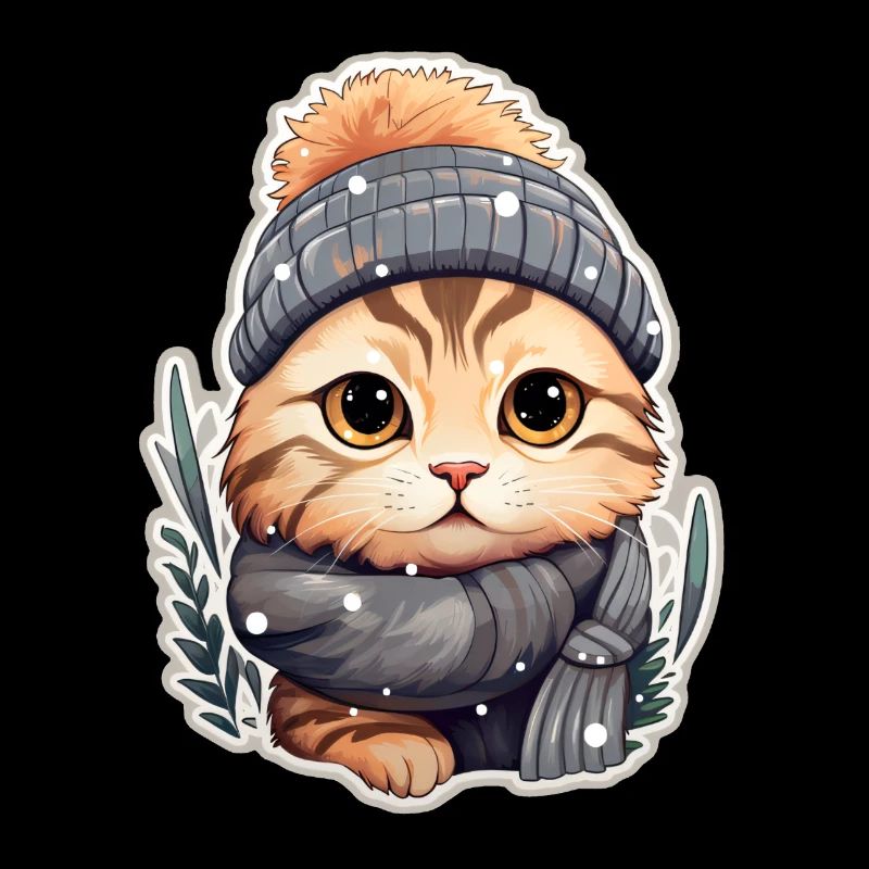 Cat with hat, scarf, jacket and snowflakes