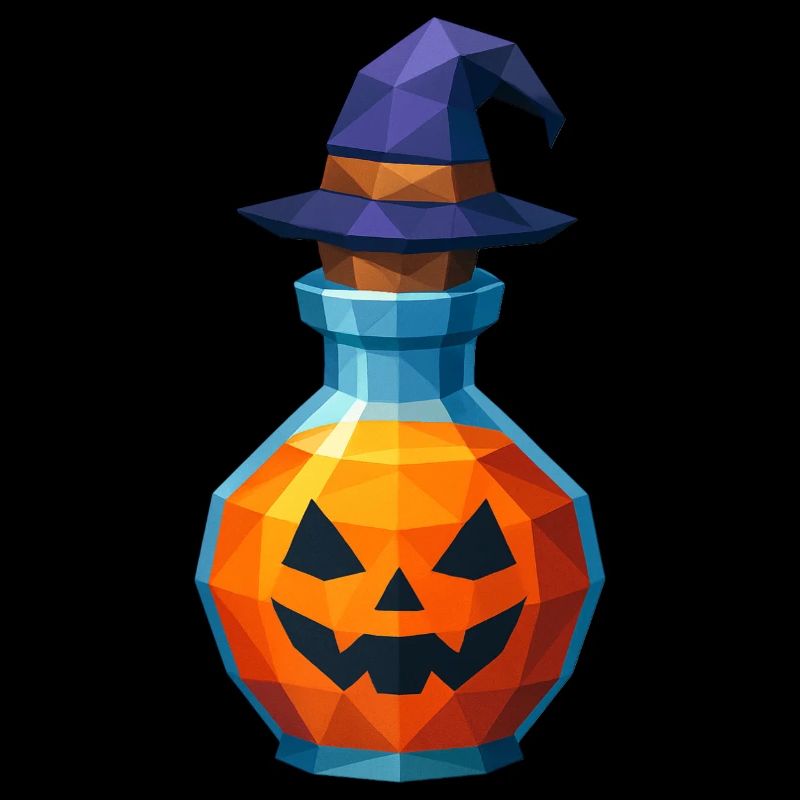 Low poly pumpkin in a witch vial