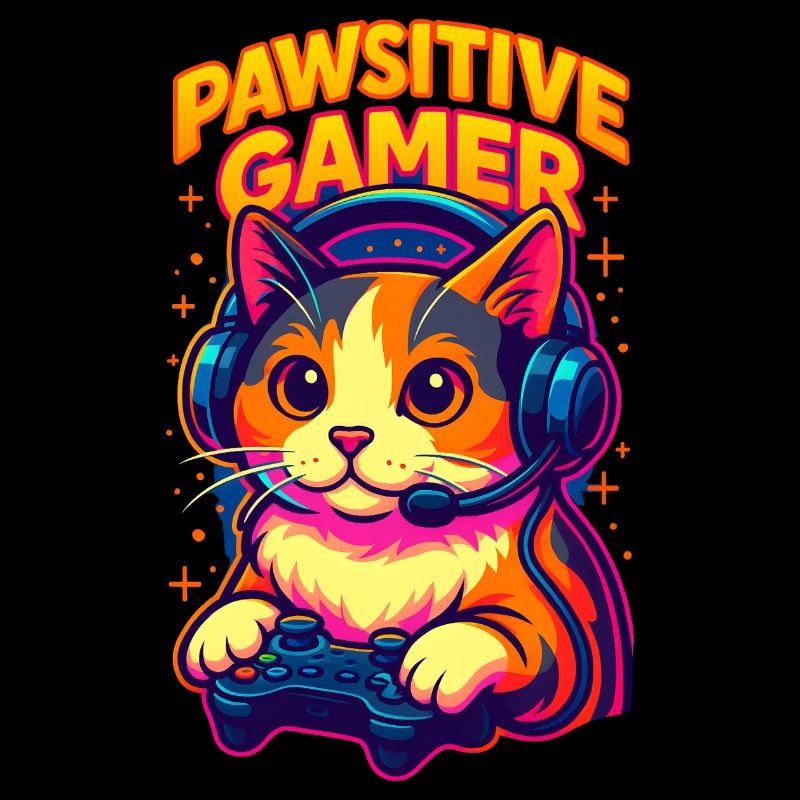 Chat gamer dynamique avec casque, j'adore les chats