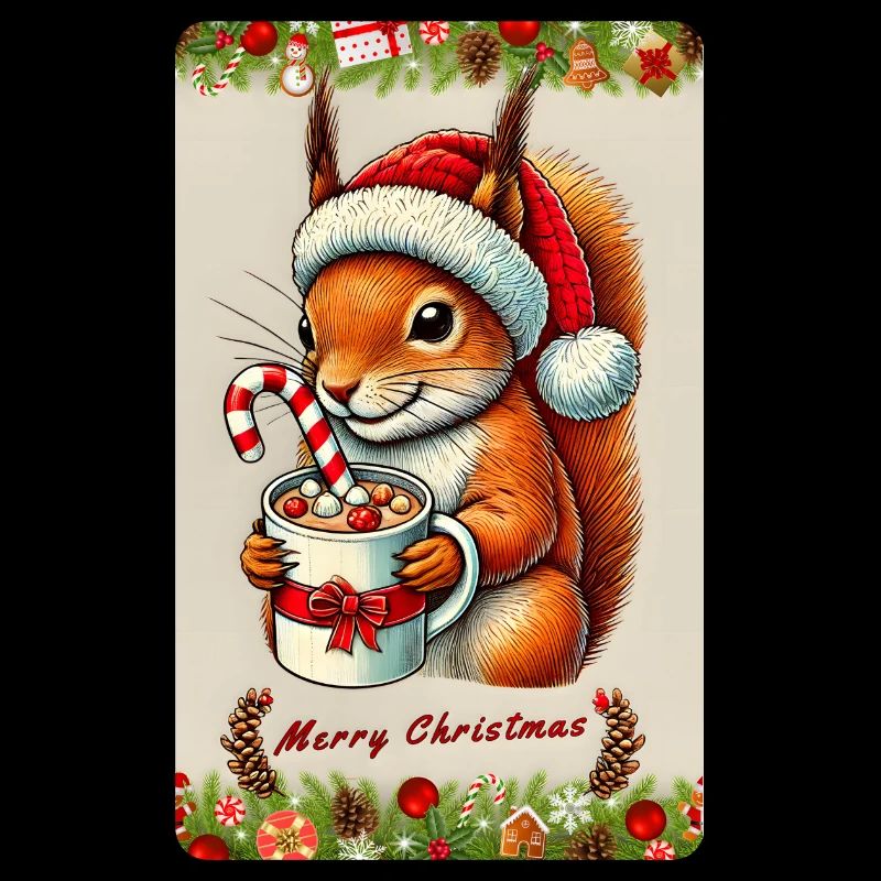 Weihnachts-Eichhörnchen mit heißer Schokolade