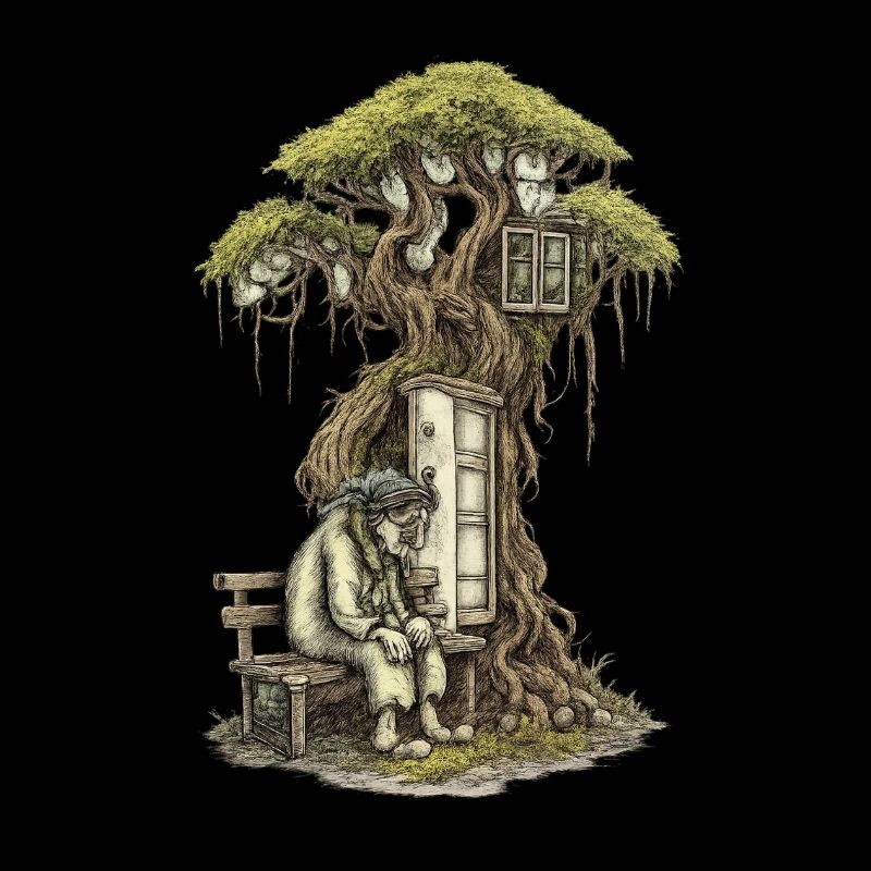Treehouse poem: Old man squats in front of tree