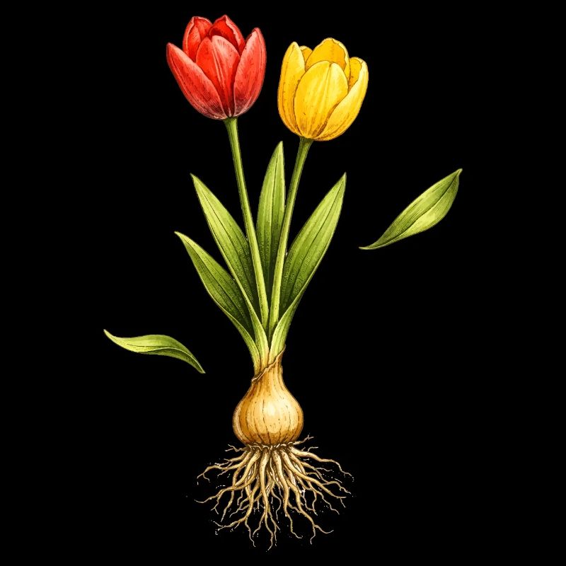 Two tulips with visible bulb and roots