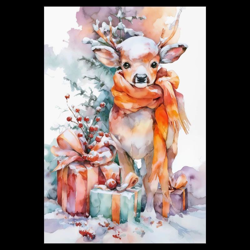 Aquarell Winterhirsch mit Geschenken
