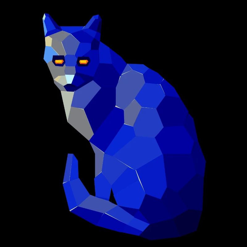 Blue geometric cat with glowing eyes