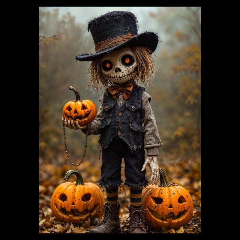 Spukvogelscheuche mit Kürbislaternen