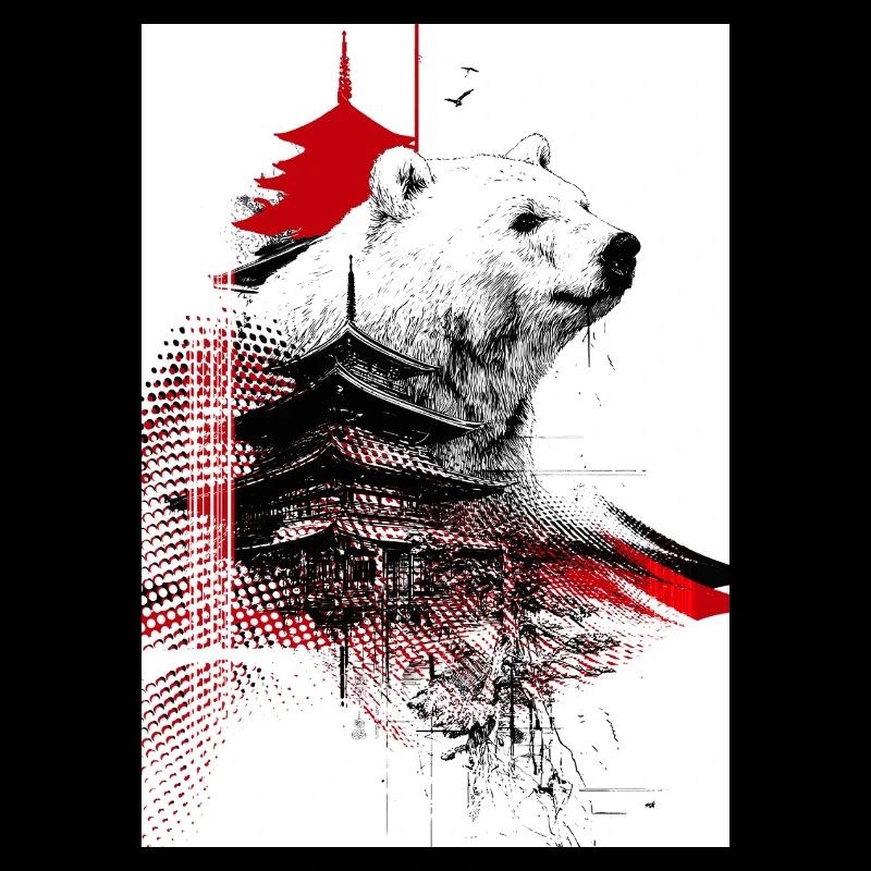 Ours et Pagodes en Gravure Rouge