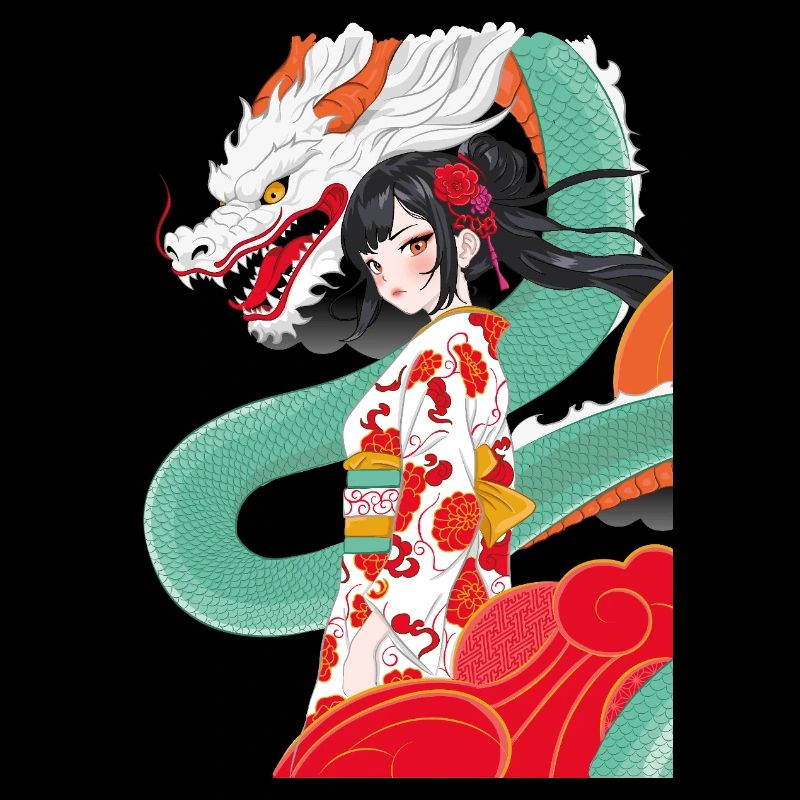 Anime-Stil-Geisha mit Drachen