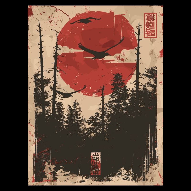 Red Sun Forest Ukiyo-e Forest Landscape