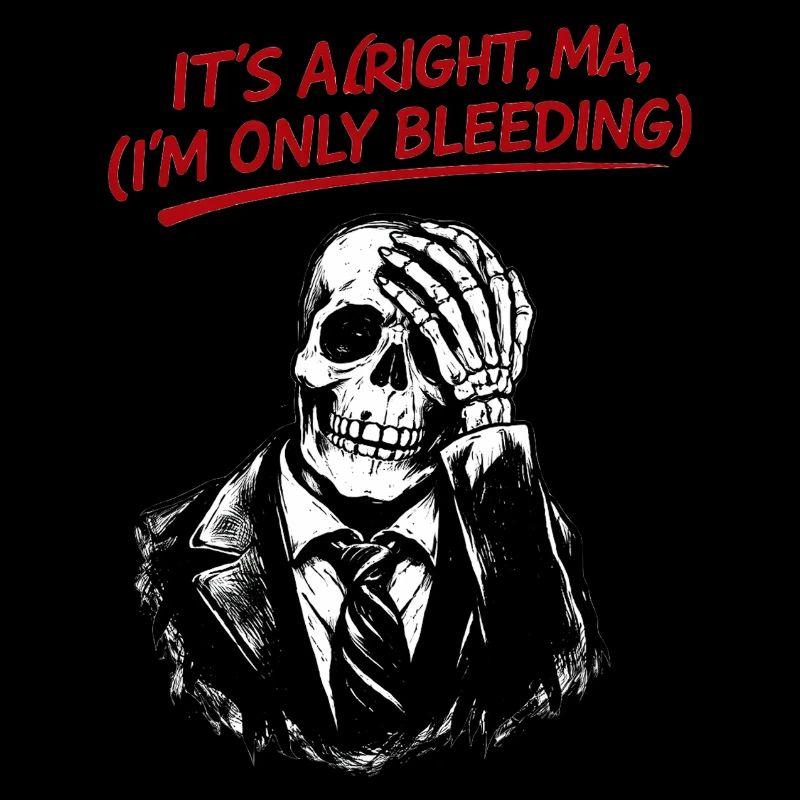Skeleton in suit with red text