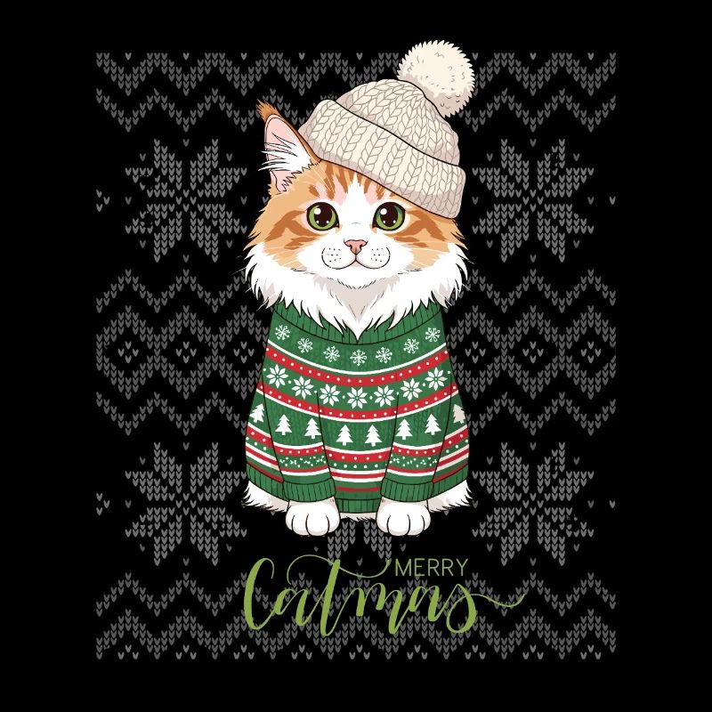 Chat Noël en pull vert et beige