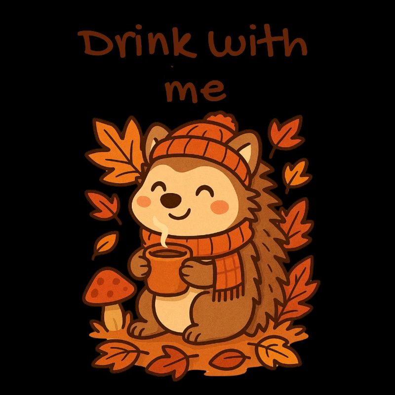 Autumn Hedgehog Cocoa Drinking Warm Leaves Design