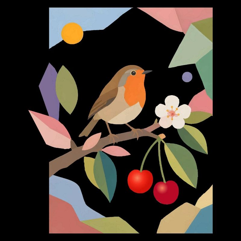 Robin Bird on Branch Cherry Design