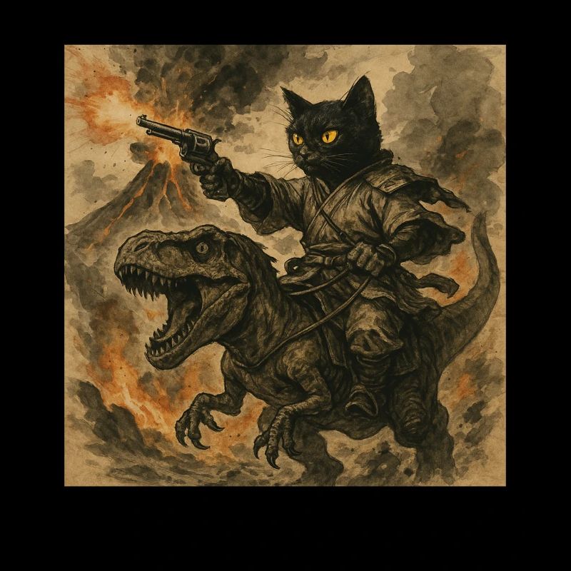 Samurai-Katze reitet auf Dinosaurier bei Vulkanausbruch