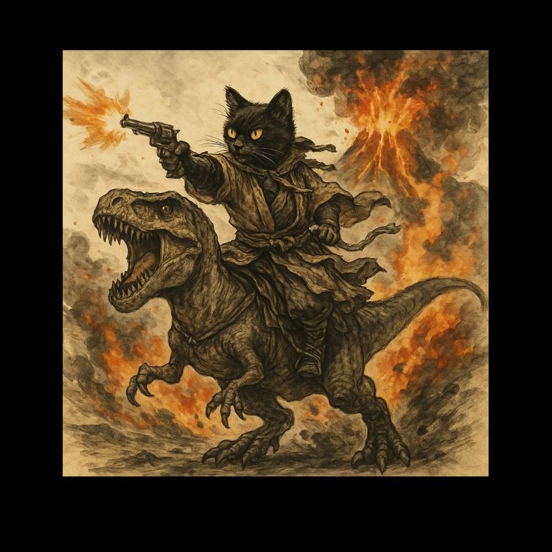Samurai-Katze reitet auf Dinosaurier bei Vulkanausbruch
