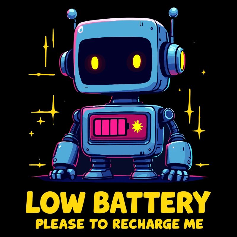 Futuristic Robot with Low Battery Message