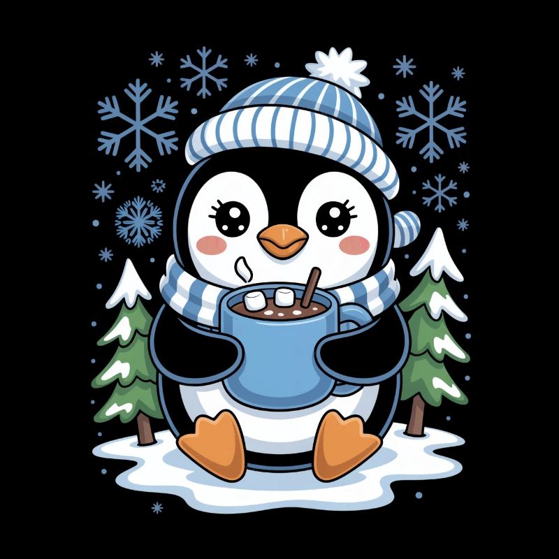Cute Winter Penguin With Cocoa And Snowflakes