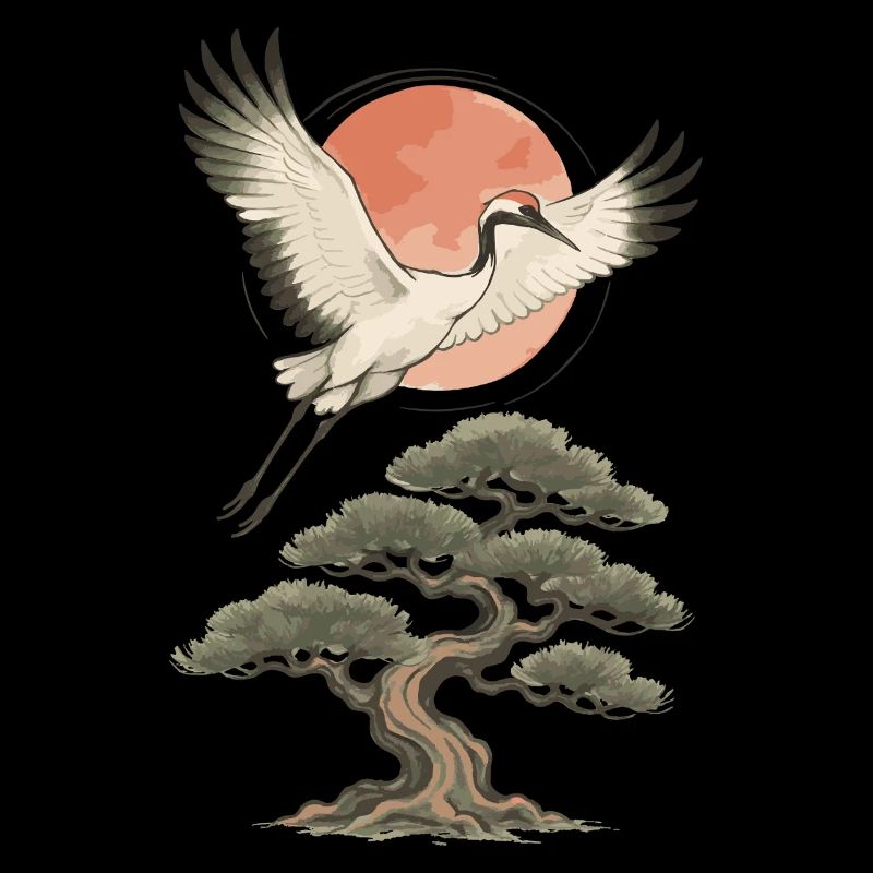 Flying Crane Over Pine Tree