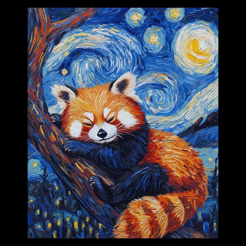 Red Panda Bear Van Gogh Style Starry Night
